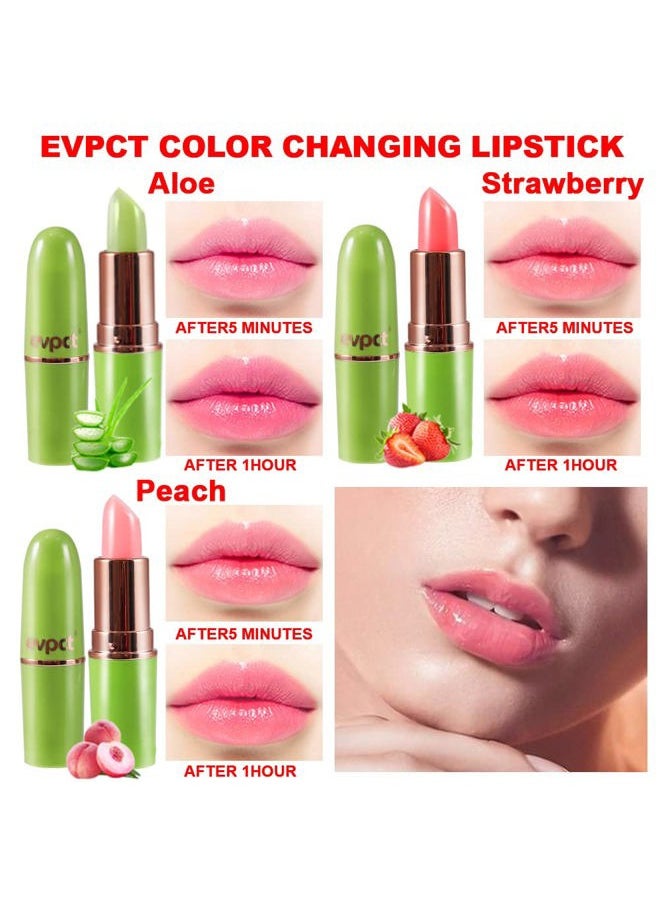 Aloe vera Color Changing Lipstick,Moisturizer Long Lasting Lip Care Magic Lip Gloss,Makeup Lipstick Set (3pcs Aloe+Strawberry+ Peach, 3 Count (Pack of 1))