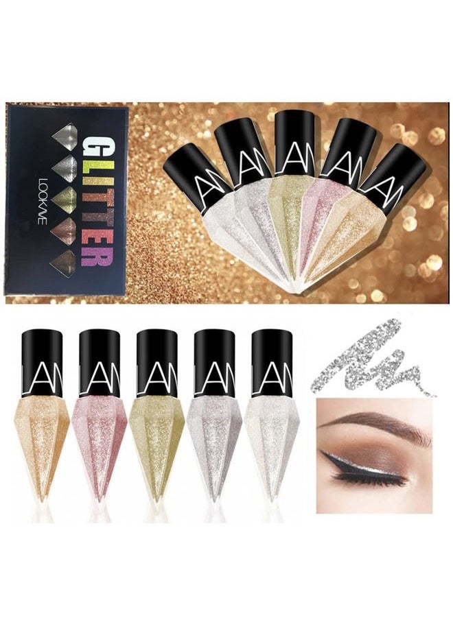 Glitter Liquid Eyeliner Colorful Set,5 Colors Metallic Shimmer White Silver Gold Diamond Eye Liner,Glitter Eyeliner Eyeshadow Shine,Waterproof Long Lasting Glow Sparkle Eye Makeup