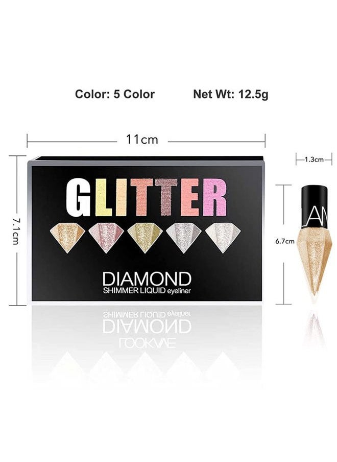 Glitter Liquid Eyeliner Colorful Set,5 Colors Metallic Shimmer White Silver Gold Diamond Eye Liner,Glitter Eyeliner Eyeshadow Shine,Waterproof Long Lasting Glow Sparkle Eye Makeup