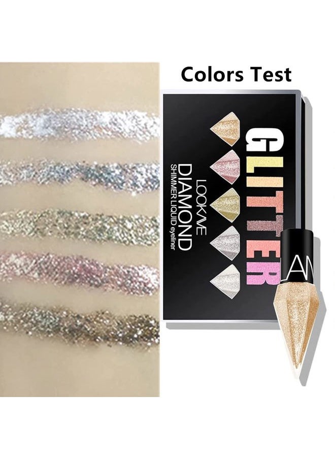 Glitter Liquid Eyeliner Colorful Set,5 Colors Metallic Shimmer White Silver Gold Diamond Eye Liner,Glitter Eyeliner Eyeshadow Shine,Waterproof Long Lasting Glow Sparkle Eye Makeup