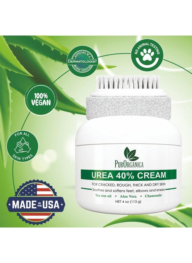 Urea 40% Foot Cream - Made in USA - Callus Remover - Moisturizes & Rehydrates Thick, Cracked, Rough, Dead & Dry Skin - For Feet, Elbows and Hands - With Pumice Stone and Brush