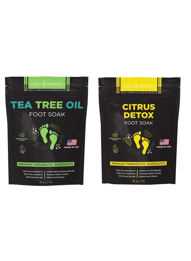 Tea Tree Oil & Citrus Foot Soak Set, Pack of 2, for Foot Pain, Odor, Sore Feet, Athlete's Foot, Soften Calluses - Natural Blend & Salts, Made In USA