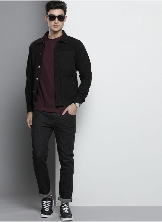 Men Slim Fit Solid Trucker Jacket