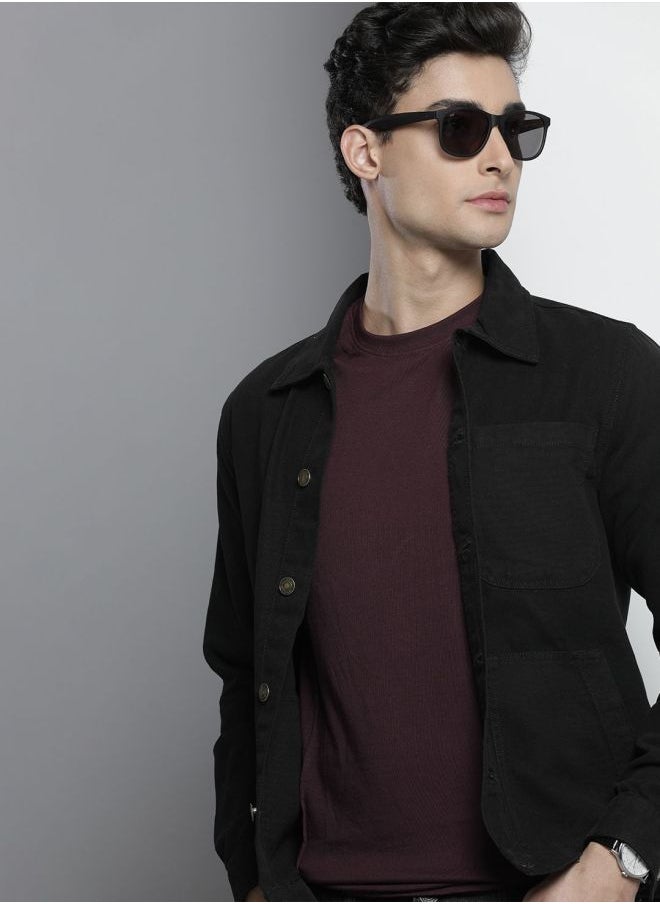 Men Slim Fit Solid Trucker Jacket