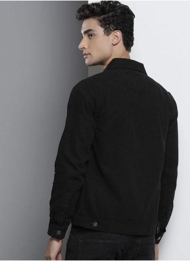 Men Slim Fit Solid Trucker Jacket