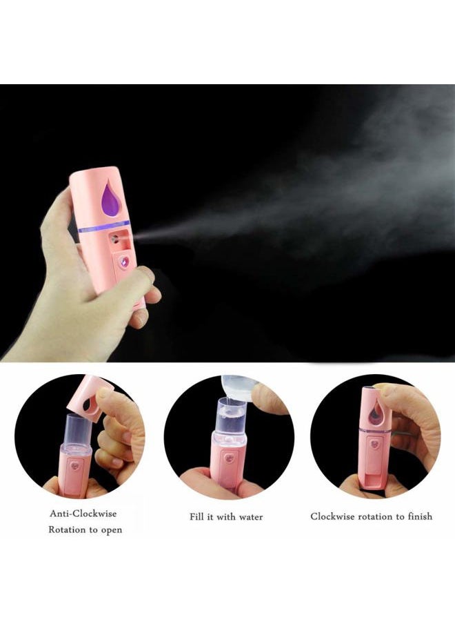 Portable Nano Facial Mister Mini Facial Steamer Atomization Eyelash Extensions with Mirror & 20ml Visual Water Tank (Pink)