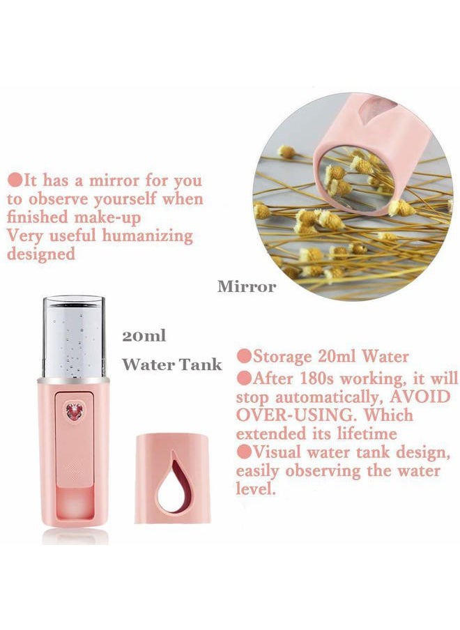 Portable Nano Facial Mister Mini Facial Steamer Atomization Eyelash Extensions with Mirror & 20ml Visual Water Tank (Pink)