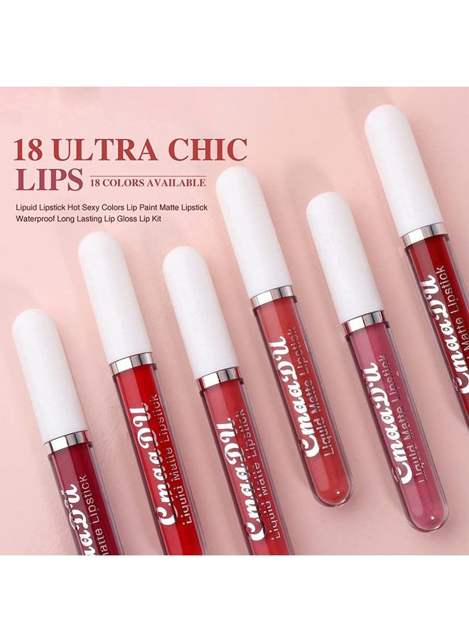 18 colors Matte Velvety Liquid Lipstick Set, Long Lasting Lip Stain Waterproof Non-Stick Cup Liquid Lipgloss Set, High Pigmented Velvet Lip Gloss Kit