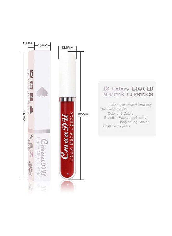 18 colors Matte Velvety Liquid Lipstick Set, Long Lasting Lip Stain Waterproof Non-Stick Cup Liquid Lipgloss Set, High Pigmented Velvet Lip Gloss Kit