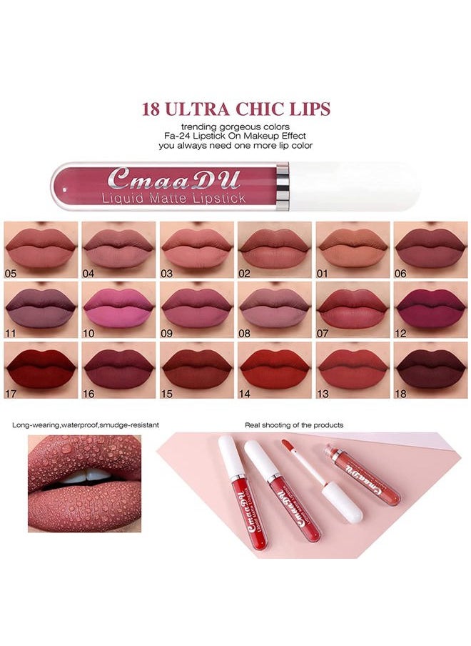 18 colors Matte Velvety Liquid Lipstick Set, Long Lasting Lip Stain Waterproof Non-Stick Cup Liquid Lipgloss Set, High Pigmented Velvet Lip Gloss Kit