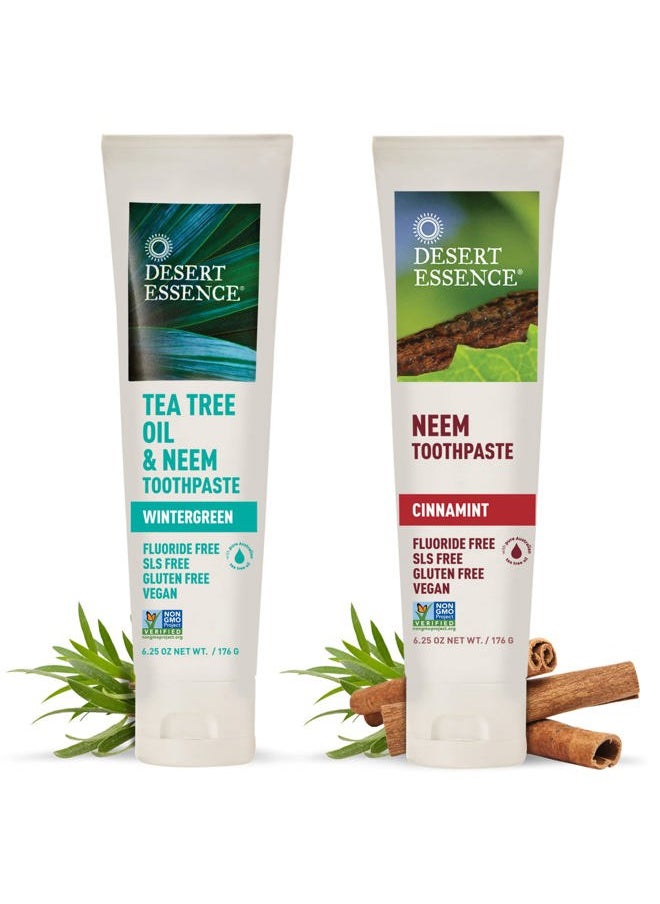 Toothpaste Natural Tea Tree Oil & Neem Toothpaste - 1 Wintergreen & 1 Cinnamint - Baking Soda & Essential Oil - Cleans Teeth & Gums - Refreshing Rich Taste - Tea Tree Oil