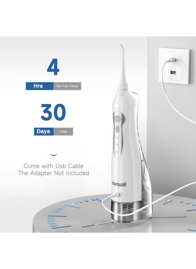 Water Flosser Cordless, Mornwell Water Flossers for Teeth - 300ML Tank and 4 Jet Tips, 3 Modes Portable Dental Oral Irrigator, Braces Care, Rechargeable Waterproof Portable Water Flosser, White