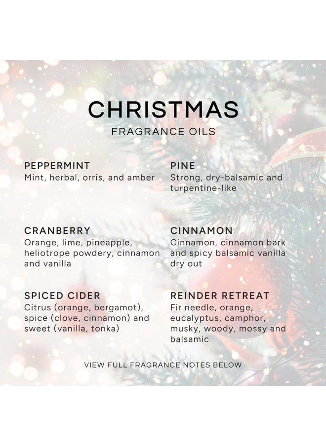 Christmas Set of 6 Premium Fragrance Oils - Peppermint, Cranberry, Spiced Cider, Pine, Cinnamon and Reindeer Retreat - for Diffusers, Candle & Soap Making, & Aromatherapy - 10ML