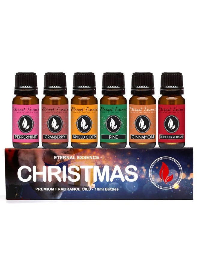 Christmas Set of 6 Premium Fragrance Oils - Peppermint, Cranberry, Spiced Cider, Pine, Cinnamon and Reindeer Retreat - for Diffusers, Candle & Soap Making, & Aromatherapy - 10ML