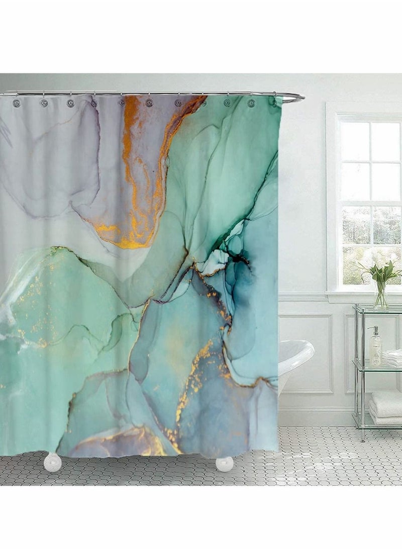 Shower Curtain, 180cm Bathroom Decor Set, Green Colourful Marble Shower Curtains with 12 Hooks Watercolor Abstract Ink Paint Jade Printing Decor