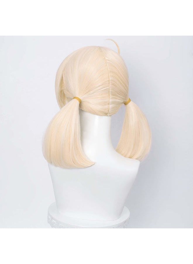 SL Blonde Pigtails Wig for Klee Cosplay Costume Straight Anime Golden Ponytails Hair Wigs with Twin Ponytails Bangs + Cap