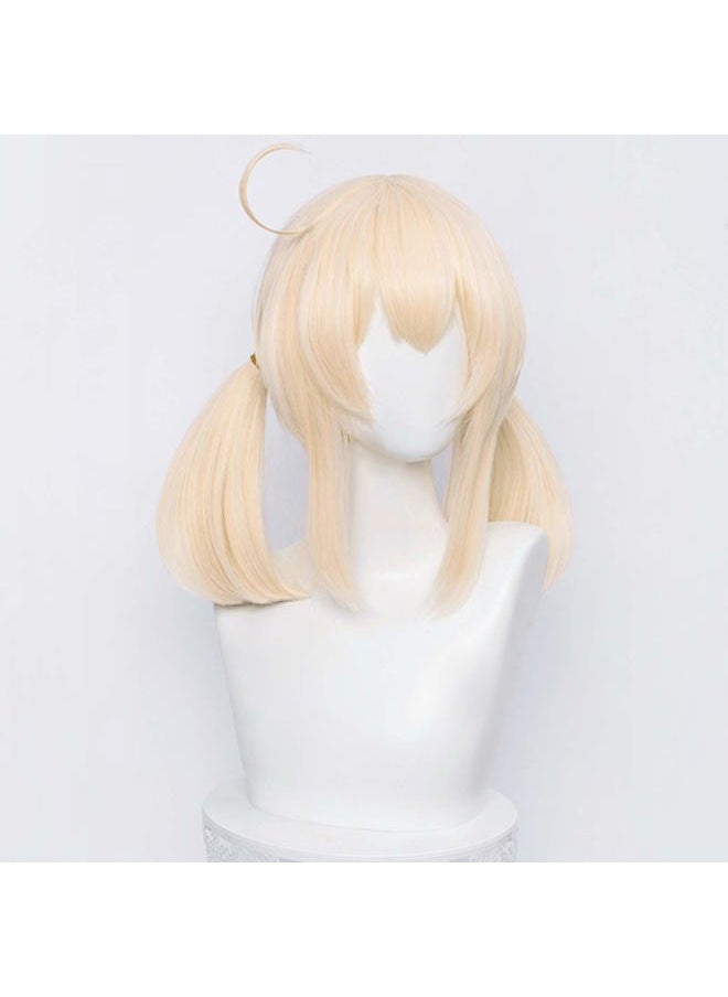 SL Blonde Pigtails Wig for Klee Cosplay Costume Straight Anime Golden Ponytails Hair Wigs with Twin Ponytails Bangs + Cap