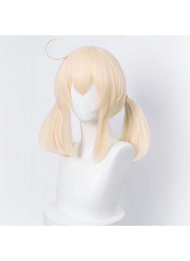 SL Blonde Pigtails Wig for Klee Cosplay Costume Straight Anime Golden Ponytails Hair Wigs with Twin Ponytails Bangs + Cap