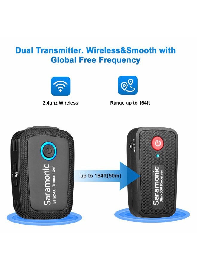 Portable 2.4GHz Wireless Microphone System, Blink500 Ultracompact Dual-Channel Wireless Mic for Smartphone DSLR Camera Tablets Mirrorless for YouTube Facebook Live Vlogging Video Recording