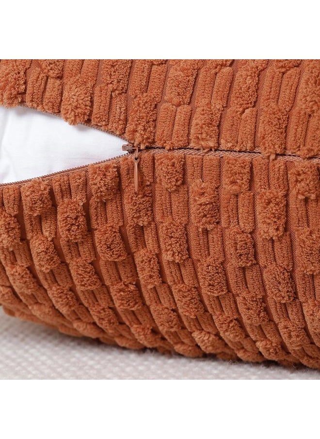 Pack of 2 Boho Corduroy Striped Throw Pillow Covers 12x12 Inch Rust Soft Decorative Cushion Cover for Bedroom Sofa Pillow Shell