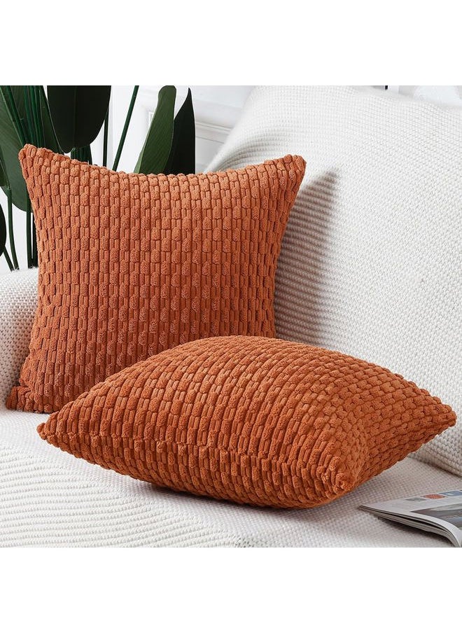 Pack of 2 Boho Corduroy Striped Throw Pillow Covers 12x12 Inch Rust Soft Decorative Cushion Cover for Bedroom Sofa Pillow Shell