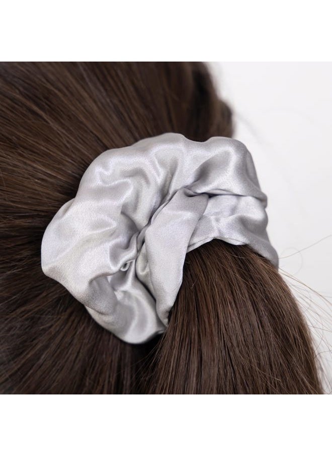Large 100% Mulberry Silk Scrunchies - Pack of 3 in Nude (White, Champagne, Silver) - Gentle on Hair, Comes in Stylish Satin Bag