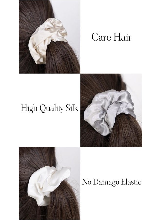 Large 100% Mulberry Silk Scrunchies - Pack of 3 in Nude (White, Champagne, Silver) - Gentle on Hair, Comes in Stylish Satin Bag