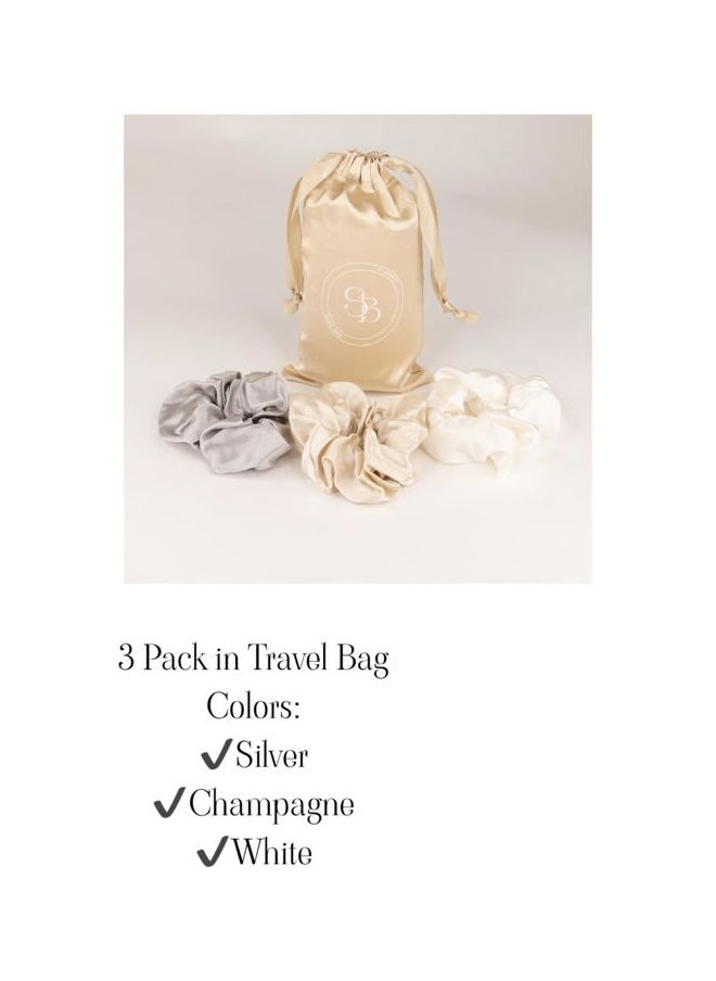 Large 100% Mulberry Silk Scrunchies - Pack of 3 in Nude (White, Champagne, Silver) - Gentle on Hair, Comes in Stylish Satin Bag