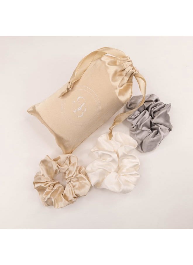 Large 100% Mulberry Silk Scrunchies - Pack of 3 in Nude (White, Champagne, Silver) - Gentle on Hair, Comes in Stylish Satin Bag