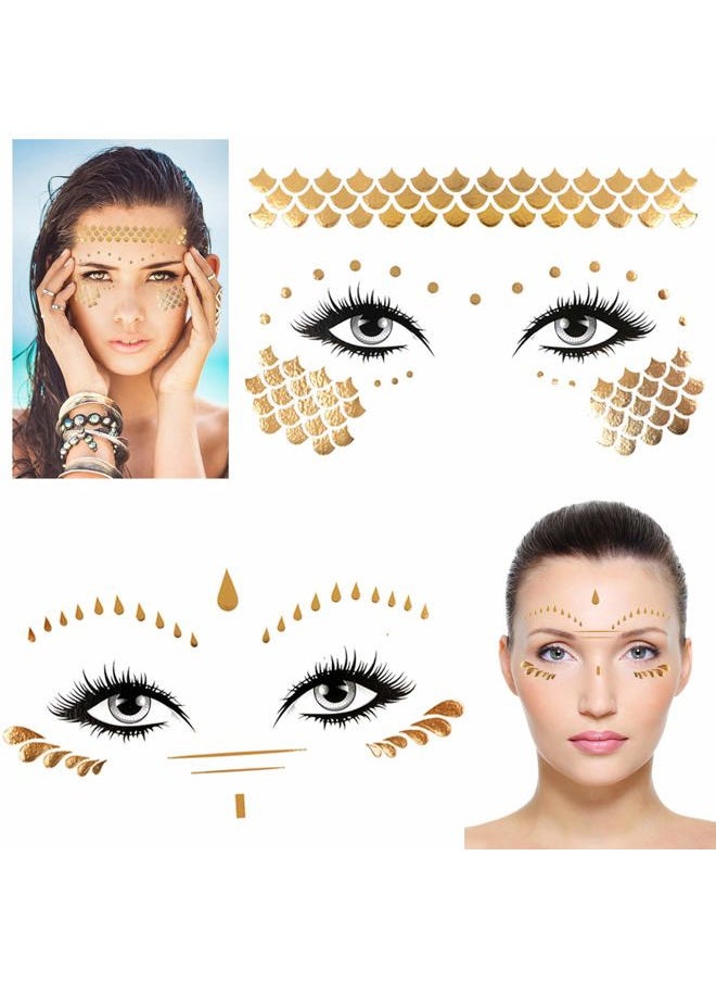 8 Sheets Face Tattoo Sticker Metallic Temporary Transfer Tattoo Waterproof Face Jewels for Women Girls Make Up Dancer Costume Parties, Shimmer Glitter Gold Tattoos,Scale Tears Butterfly Freckl