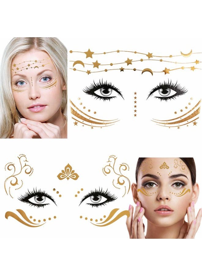 8 Sheets Face Tattoo Sticker Metallic Temporary Transfer Tattoo Waterproof Face Jewels for Women Girls Make Up Dancer Costume Parties, Shimmer Glitter Gold Tattoos,Scale Tears Butterfly Freckl