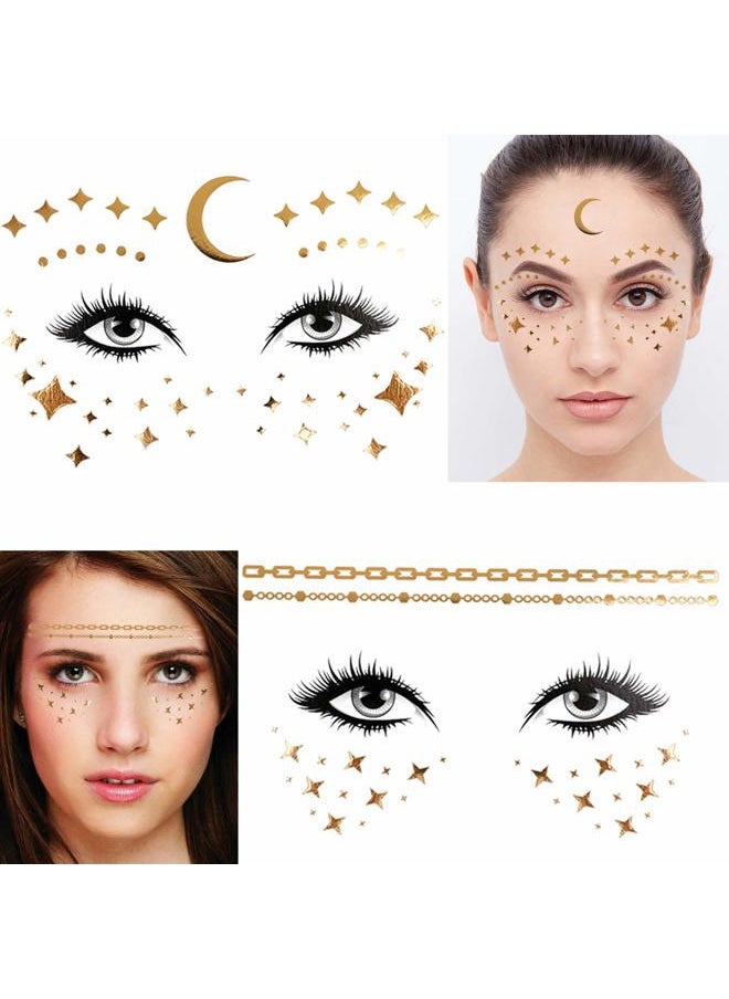 8 Sheets Face Tattoo Sticker Metallic Temporary Transfer Tattoo Waterproof Face Jewels for Women Girls Make Up Dancer Costume Parties, Shimmer Glitter Gold Tattoos,Scale Tears Butterfly Freckl