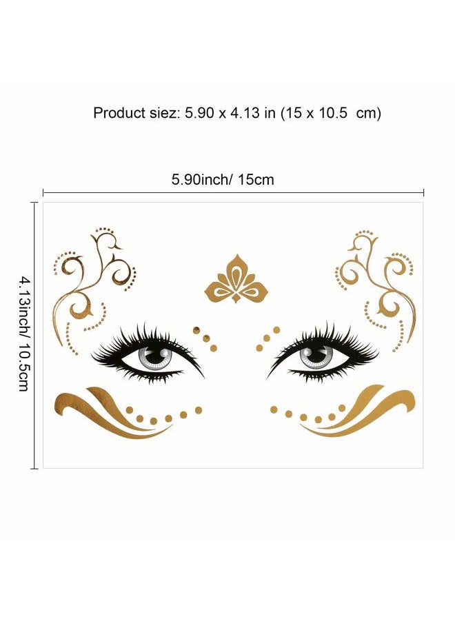 8 Sheets Face Tattoo Sticker Metallic Temporary Transfer Tattoo Waterproof Face Jewels for Women Girls Make Up Dancer Costume Parties, Shimmer Glitter Gold Tattoos,Scale Tears Butterfly Freckl