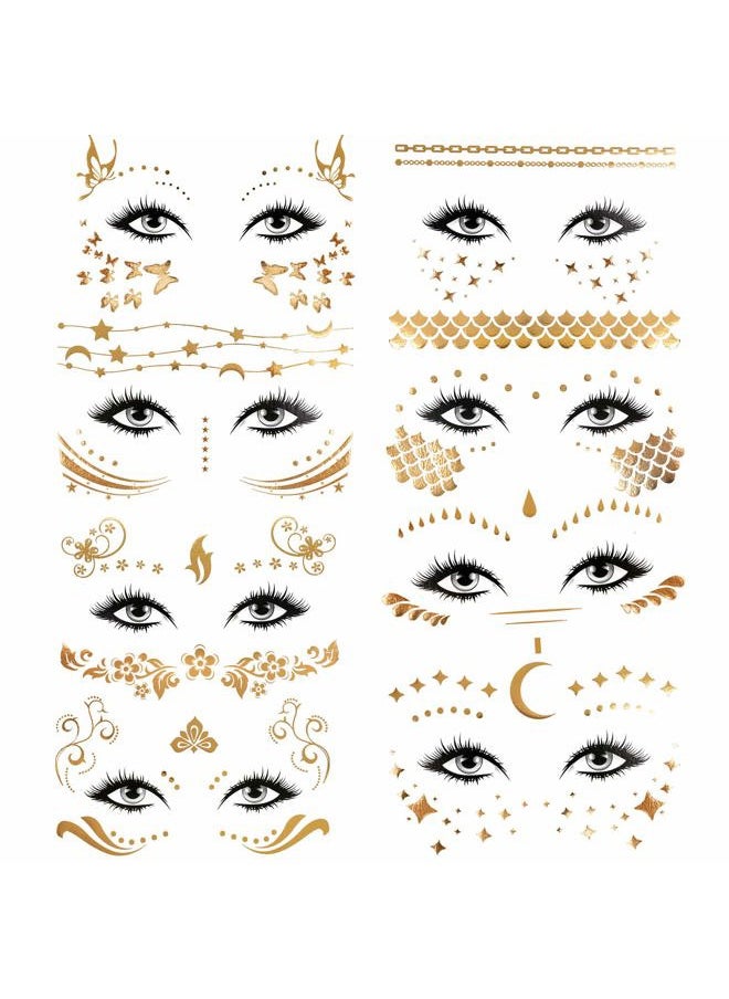 8 Sheets Face Tattoo Sticker Metallic Temporary Transfer Tattoo Waterproof Face Jewels for Women Girls Make Up Dancer Costume Parties, Shimmer Glitter Gold Tattoos,Scale Tears Butterfly Freckl