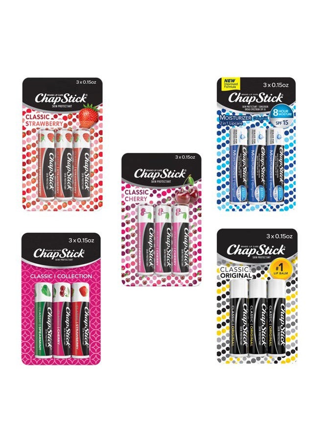 Classic Collection Flavored Lip Balm Tubes Pack, Lip Moisturizer - 0.15 Oz (Box of 5 Packs of 3)