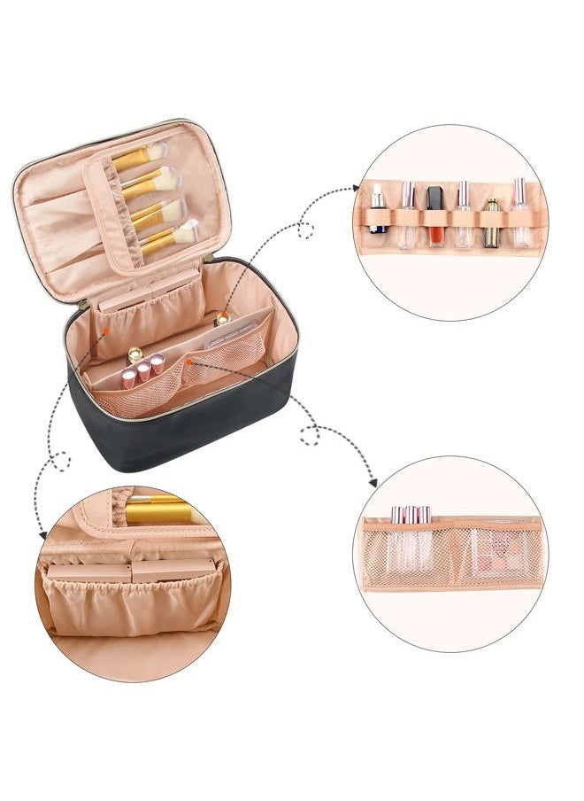Makeup Bag, Portable Cosmetic Bag, Large Capacity Travel Makeup Case Organizer, Black For Women Toiletry Bag for Girls Traveling With Handle and Divider