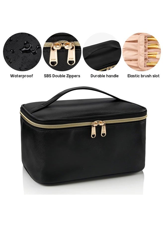 Makeup Bag, Portable Cosmetic Bag, Large Capacity Travel Makeup Case Organizer, Black For Women Toiletry Bag for Girls Traveling With Handle and Divider
