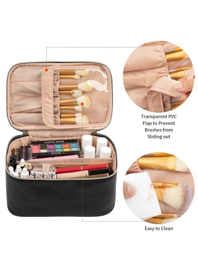 Makeup Bag, Portable Cosmetic Bag, Large Capacity Travel Makeup Case Organizer, Black For Women Toiletry Bag for Girls Traveling With Handle and Divider
