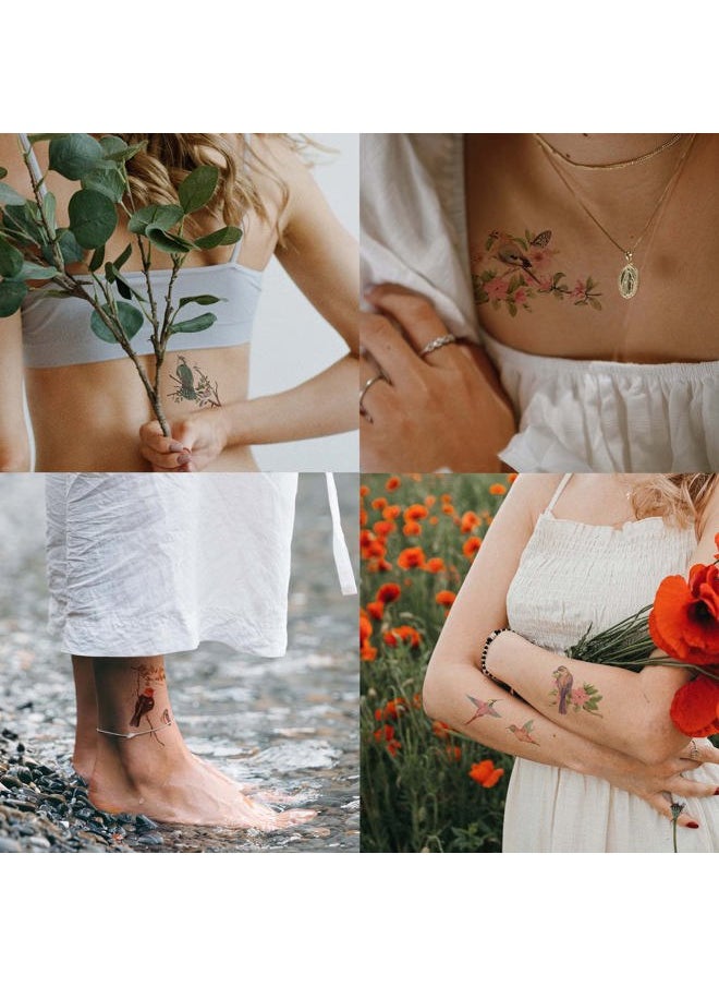 Everjoy Watercolor Flowers Birds Realistic Temporary Tattoos 40+ Designs Waterproof Tattoos for Women and Men 20 Pcs