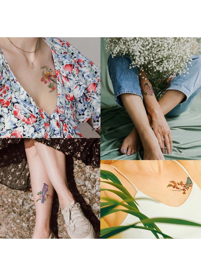 Everjoy Watercolor Flowers Birds Realistic Temporary Tattoos 40+ Designs Waterproof Tattoos for Women and Men 20 Pcs