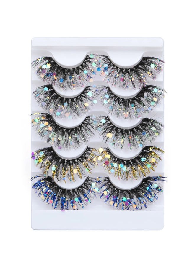 Glitter Colored False Eyelashes Wispy 5 Pairs Dramatic Cat Eye Festival Lashes Pack 5 Styles
