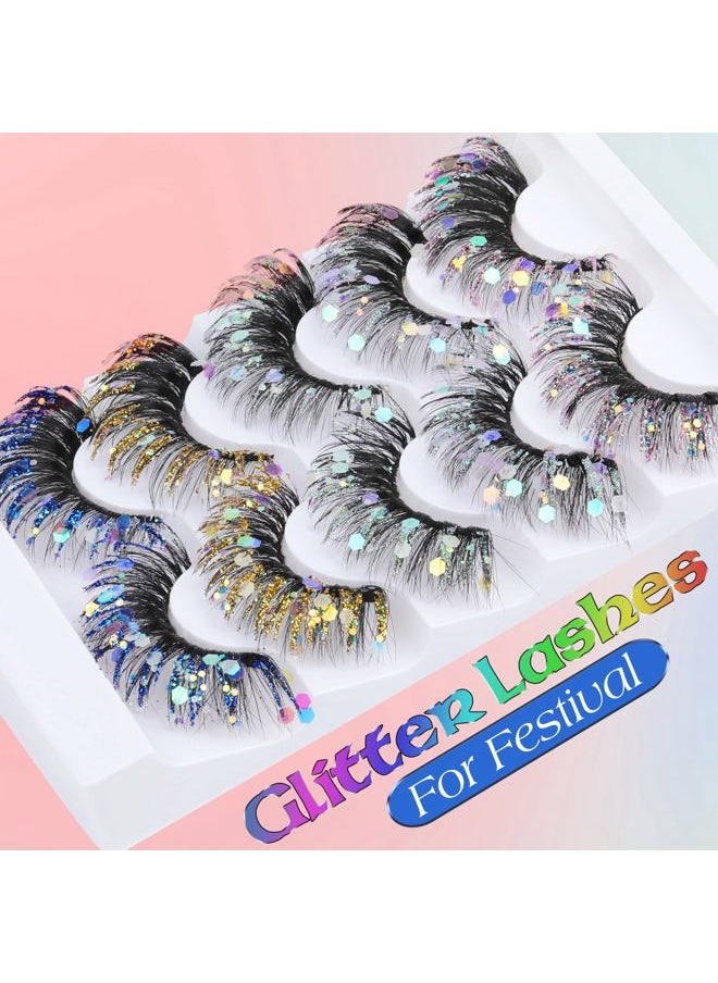 Glitter Colored False Eyelashes Wispy 5 Pairs Dramatic Cat Eye Festival Lashes Pack 5 Styles