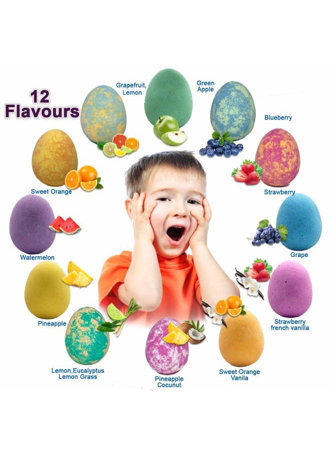 Easter Bath Bombs for Kids with Surprise Inside - 12 Organic Bubble Bath Fizzies with Dragon Egg Toys. Gentle & Kids Friendly w/Rich Bubbles & Rainbow Colors, Birthday Gifts for Boys, Girls