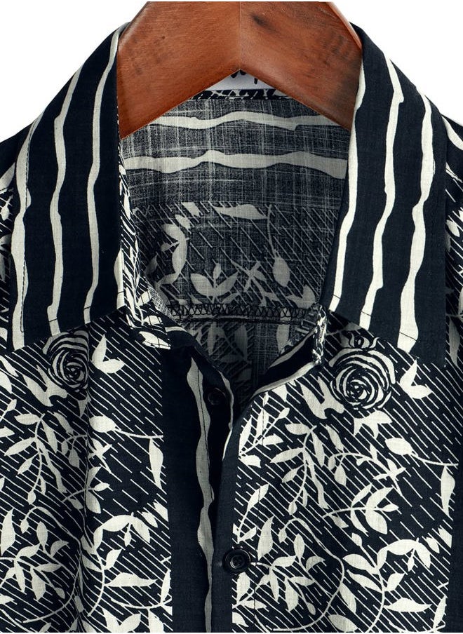 Mens Casual Hawaiian Floral Shirts Short Sleeve Button Down Tropical Shirts Beach Summer Shirts X-Large Black Beige