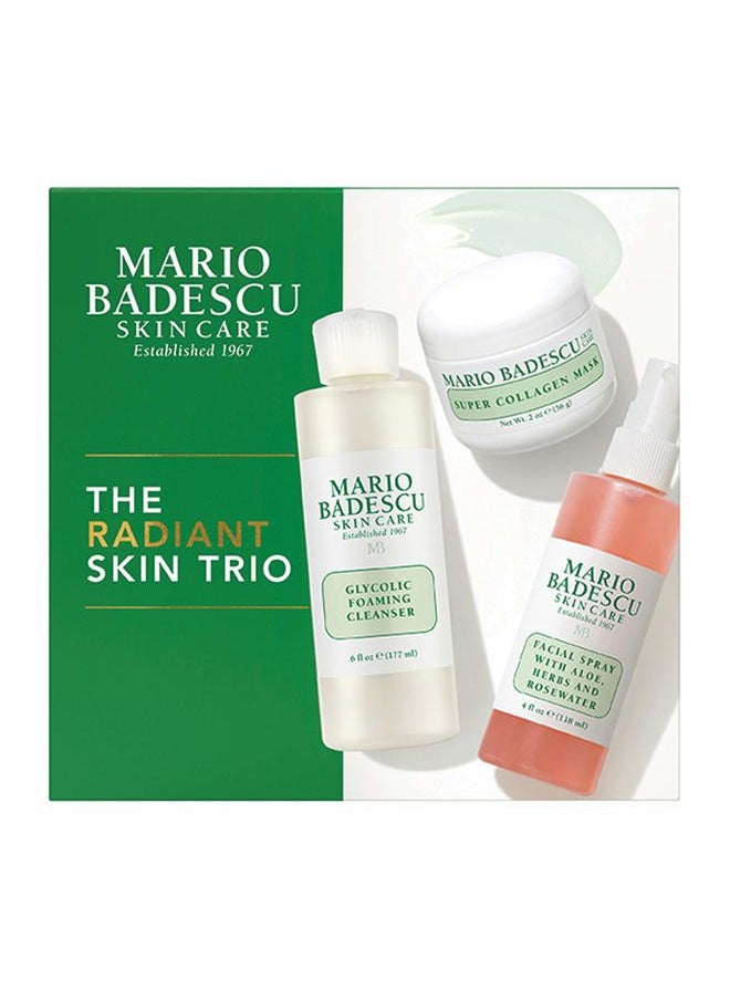 Radiant Skin Trio Kit, Skincare Gift Set Includes Facial Spray With Aloe, Herbs and Rosewater(4 Fl Oz), Glycolic Foaming Cleanser(6 Fl Oz) and Super Collagen Mask(2 Oz)