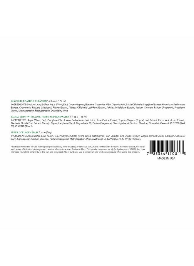 Radiant Skin Trio Kit, Skincare Gift Set Includes Facial Spray With Aloe, Herbs and Rosewater(4 Fl Oz), Glycolic Foaming Cleanser(6 Fl Oz) and Super Collagen Mask(2 Oz)