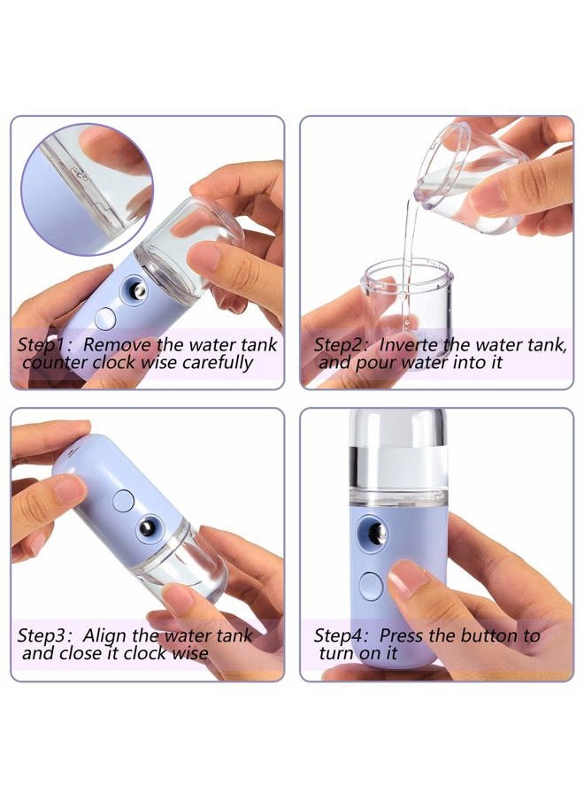 4 Pcs Nano Facial Mister Handy Nano Mist Sprayer 30ml Visual Water Tank Portable Face Steamer Mini USB Mister for Lash Extensions, Skin Care, Makeup(White, Light Pink, Blue, Pink)