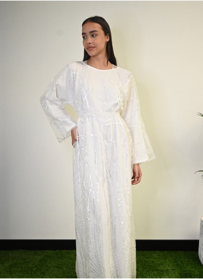 Silver Glow White Abaya with Sequin Embellishments