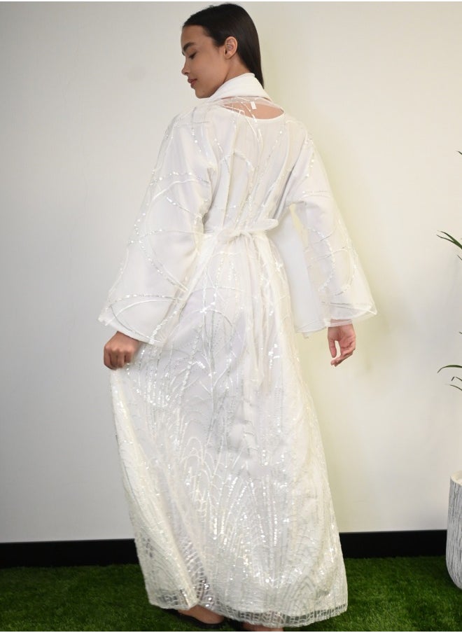 Silver Glow White Abaya with Sequin Embellishments