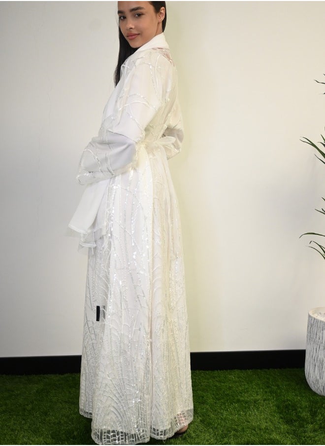 Silver Glow White Abaya with Sequin Embellishments